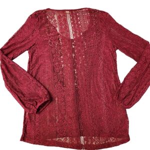 Boho Romantic Women's Maroon Lace Top Long Sleave Size Small
